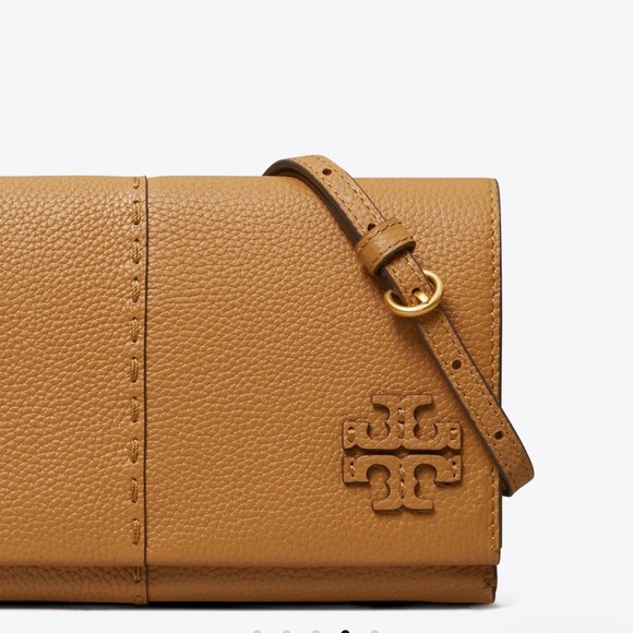 AUTH NWT TORY BURCH McGraw Logo Pebbled Leather Wallet Crossbody In Tan - Picture 5 of 14